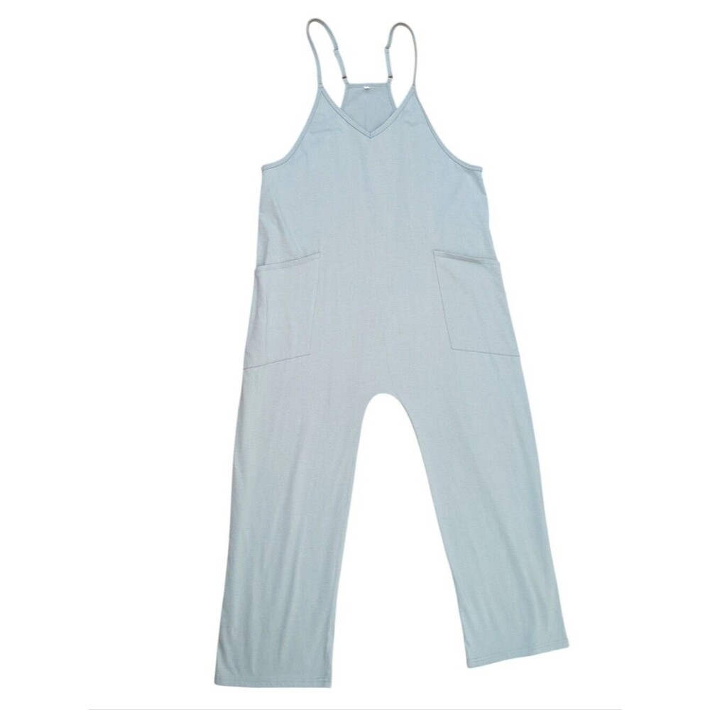 Cotton Knit Jumpsuit Seafoam Green Adjustable Straps Relaxed Fit Large Pockets S